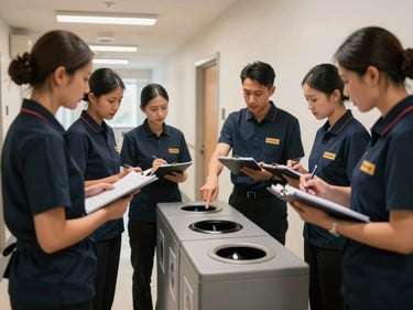 Hotel housekeeping team gathered around a waste-sorting station in a back-of-house corridor under working daylight, a trainer pointing at labelled bins, staff engaged and taking notes