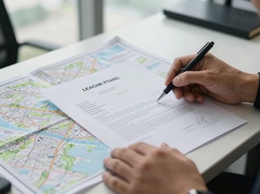 Hands on a printed land title document at a working desk, a topographic map visible beneath, close documentary framing, natural window light, Johor Bahru office setting