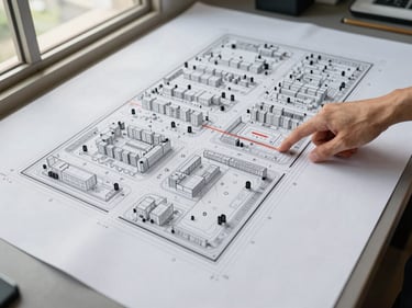 Overhead wide shot of a Johor development site plan spread flat on a work table, a hand pointing at the southern corridor boundary, clean daylight from a window at left, site boundary markers visible in ink