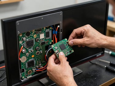 Close-up of a technician's hands removing the back panel of a flatscreen television, tungsten workshop light, circuit boards and cables visible inside the open screen unit, dark tool-covered workbench below