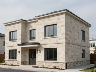 Wide environmental shot of a completed two-story masonry residential building under overcast light — rendered external walls, window frames installed, clean street-level view showing full facade scale