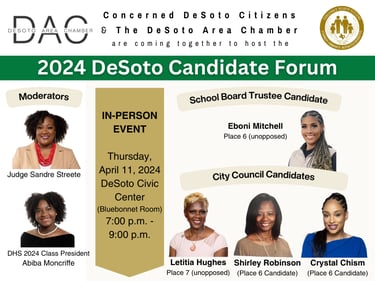 Desoto candidate forum 2024, concerned desoto citizens, desoto area chamber
