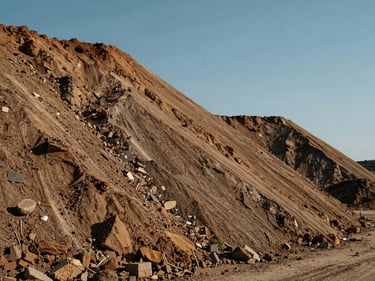 Bulk earth filling material, massive industrial stockpile under clear sky