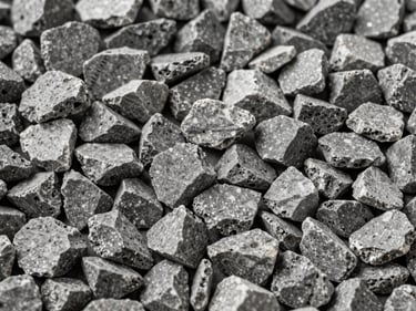 Crushed grey aggregate stones of uniform size, sharp industrial texture