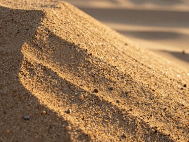 Macro shot of clean washed construction sand, golden sunset lighting, sharp grain texture