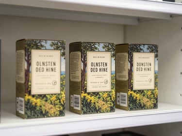 Three product boxes standing upright on a white shelf — illustrated label artwork facing forward, tight studio shot, even overhead lighting, no people