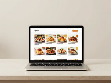 Laptop on a minimal desk showing a food brand e-commerce website — product grid layout, clean navigation, warm off-white background, even studio light, no people