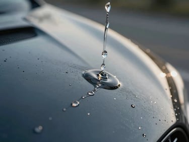 Macro close-up of water sheeting off a perfectly polished automotive paint surface under clinical light