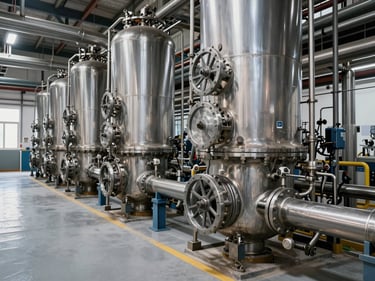 Industrial chemical blending facility with stainless steel pipes and clean grey flooring