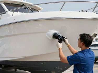 An engineer applying protective ceramic coating to a premium marine vessel hull