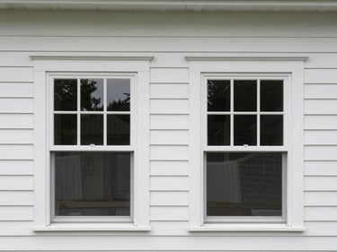 Exterior facade close-up of a residential home, two single-hung vinyl windows side by side, white frames against painted siding, clear glass showing interior depth, bright overcast daylight, sharp frame-to-wall junction detail