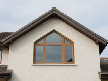 Exterior gable wall of a residential home featuring a trapezoid vinyl window set into the peak, almond-colored frame against light stucco, sharp angle cuts at corner joints, flat overcast daylight, no staging or lifestyle props