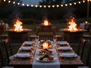 Elegant outdoor wedding reception table set up at twilight, with warm fire pits glowing in the background under string lights.