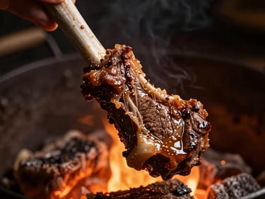 Close-up of a tender beef rib bone being gently pulled from succulent, slow-cooked meat, glistening with juices under warm embers light.