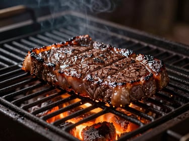 Prime cuts of bife de tira searing on a traditional V-shape Uruguayan parrilla grate, sparks flying from glowing coals below.