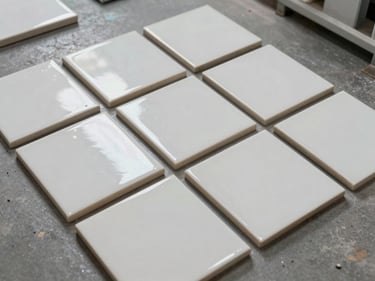 Overhead catalog view of ceramic bathroom tiles arranged in a flat-lay grid pattern on factory floor, bright strobe lighting, showing glaze surface and edge detail, clinical and even illumination