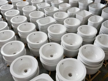 Overhead catalog shot of white ceramic wash basins stacked in warehouse rows, bright daylight from skylights, clinical flat lighting, wide-angle showing production scale and quantity