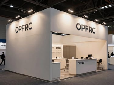 Wide environmental shot of a branded corporate exhibition booth installed in a convention hall — signage panels lit by controlled studio lighting, branded counter visible, no people, emphasis on material quality and dimensional display