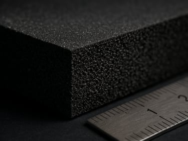 Extreme close-up of a freshly cut neoprene sheet showing the dense closed-cell foam cross-section, sharp workshop lighting, ruler visible at edge to indicate material thickness, black and charcoal tones