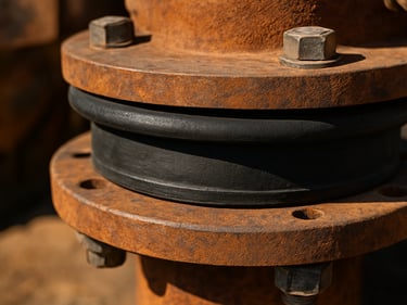 Close-up of an industrial neoprene gasket installed in a flange joint on heavy mining equipment, harsh daylight showing the black rubber seal compressed between metal surfaces, material texture clearly visible