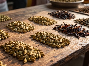 Wide landscape — Kerala spice market detail at golden hour, close arrangement of cardamom pods and dried pepper on a weathered wooden surface, warm side-light raking across the texture, shallow depth of field, no hands or faces