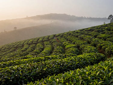 Wide landscape — early morning mist over Kerala hill tea estate, rows of low tea bushes receding into soft fog, golden diffuse light from the left edge, a single narrow path cutting through the middle distance, no people