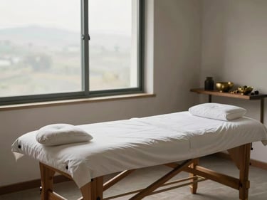 Wide landscape — Ayurvedic treatment room interior, soft overcast window light illuminating a wooden massage table draped in white linen, a small brass bowl and dried herbs on a side shelf, quiet and spare, no people