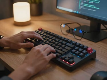 Developer's hands on a mechanical keyboard, lines of code reflected faintly on glasses, warm desk lamp light, monitor glow in background