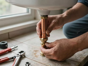 Close-up of a plumber's hands tightening a copper pipe fitting under a sink, natural window light, tools on a worn tile floor