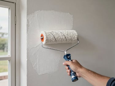 Painter's hand pressing a wide roller loaded with white paint onto a textured interior wall, natural daylight from an open door, drop cloth visible below
