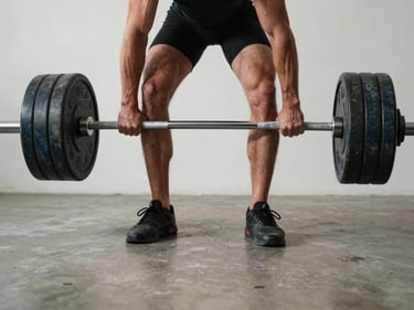 Athlete mid-deadlift in a clean studio, feet planted on bare concrete, studio strobe from above, form detail visible from the hips down