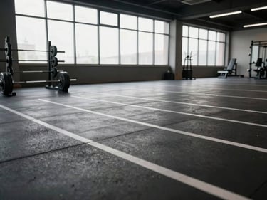 Wide angle of a clean empty gym floor, parallel chalk lines, barbell racked to the left, flat north-facing window light filling the space