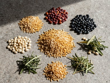 Overhead close-up of whole ingredients — grains, legumes, herbs — arranged on a matte stone surface under flat north-facing daylight, no bowl, raw prep