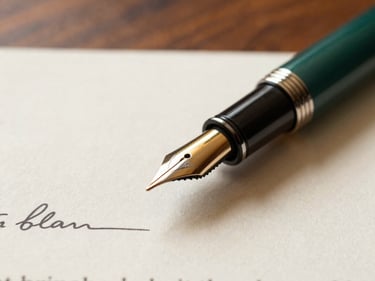 Macro close-up of a fountain pen resting on a signed legal contract, high-quality textured paper, polished dark wood background, soft side daylight, shallow depth of field, premium corporate aesthetic