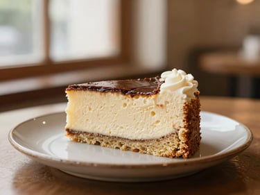 A slice of homemade cake on a rustic plate, warm cafe lighting, shallow depth of field