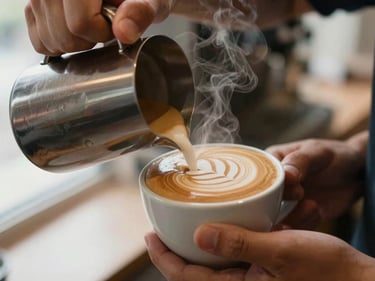 Close-up of a barista pouring latte art into a ceramic cup, warm steam, rich coffee tones, 35mm