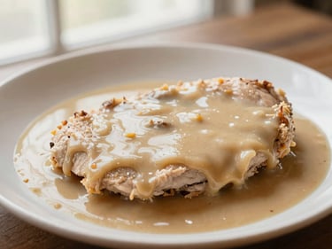 A freshly prepared warm chicken chop meal with rich gravy on a warm plate