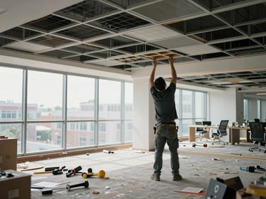 Interior fit-out in progress, a worker installing ceiling grid sections in a commercial office space, natural light through large windows, tools and materials neatly staged on the floor