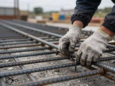 Close-up of steel reinforcement bars being tied by gloved hands on a concrete slab, overcast daylight, rebar grid in sharp focus, blurred site background