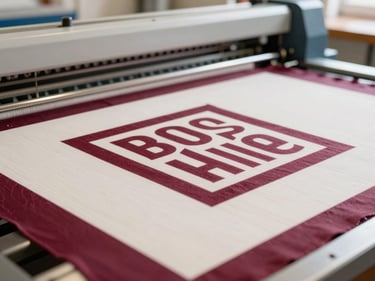 Close-up of a textile printing machine applying a graphic design onto fabric, vibrant colors, clean workshop environment, 35mm