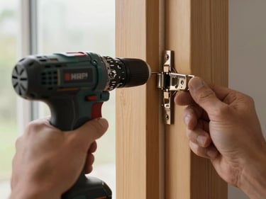 Close-up of a carpenter's hands fastening a door hinge with a cordless drill, natural daylight from a nearby window illuminating wood grain and the clean mortise cut