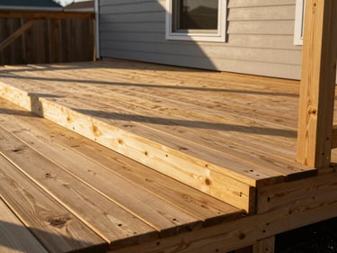 Newly built wood deck attached to a residential home, pressure-treated lumber joists visible at the edge, golden-hour light casting long shadows across deck boards