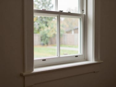New vinyl double-hung window installed in a residential wall, interior trim casing freshly painted, soft north-facing daylight coming through the glass and catching the sill detail