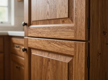 Close-up of newly installed kitchen cabinets with shaker-style doors, warm stained oak finish, soft north window light revealing wood grain and hardware detail