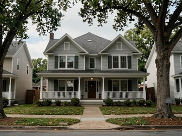 Street-level view of a two-story craftsman home in a mature Raleigh neighborhood, wide front porch, established oak trees lining the sidewalk, natural daylight, documentary framing