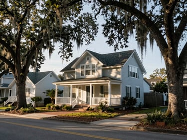 Wide environmental shot of a coastal cottage on a quiet Wilmington street, mature live oaks overhead, natural morning light filtering through Spanish moss, documentary framing