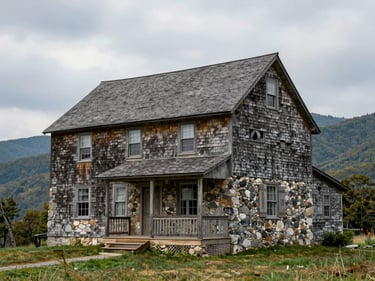 Exterior of a mountain farmhouse in Watauga County, stone foundation, board-and-batten siding, Blue Ridge foothills visible in the background, overcast daylight, honest documentary framing