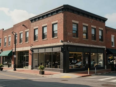 Street-level view of a mixed-use commercial building on a walkable downtown Durham block, brick facade, ground-floor retail frontage, natural daylight, honest documentary framing