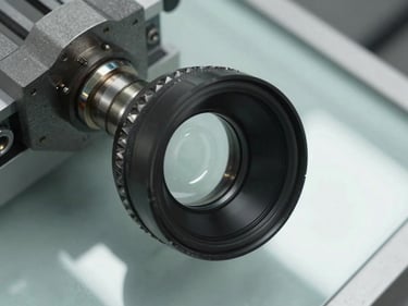 Overhead technical shot of an optical lens blank on a precision grinding fixture, diamond wheel edge visible at the frame edge, bright daylight-balanced shop lighting, glass surface reflecting light cleanly