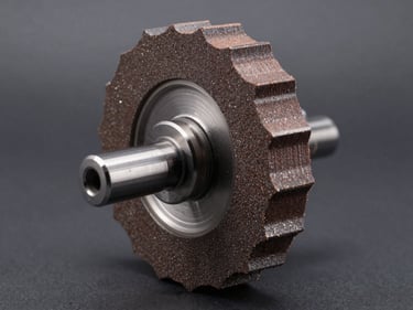 Side-angle macro shot of a custom-profile diamond grinding wheel with complex contoured edge geometry, precision-ground non-standard profile, technical shop lighting on charcoal background